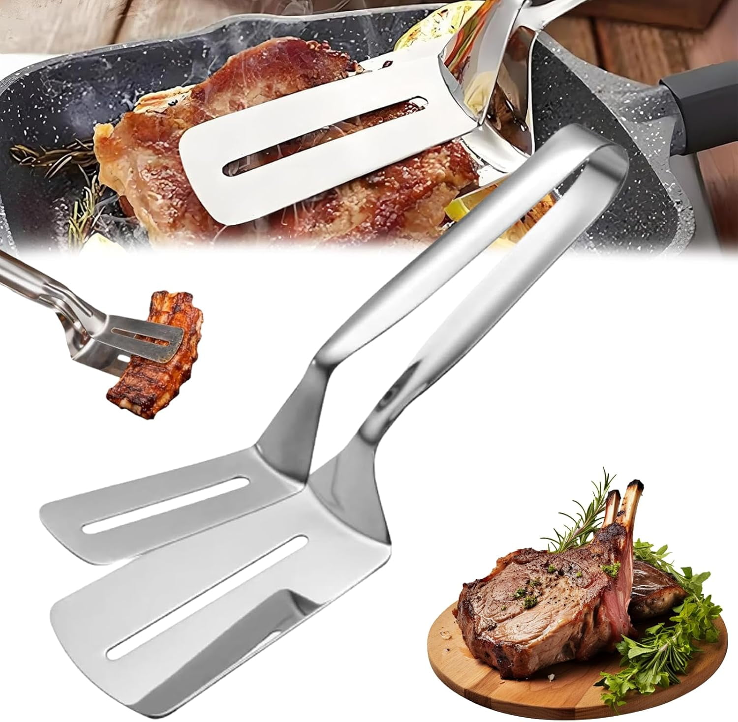 Stainless Steel Grill Clamp, 10 Inch Double-Sided Anti-Scald Extended Handle Multifunctional Slotted Food Flip Shovel Clip for Flipping Steak, Fish, Bread, Pizza & BBQ Cooking