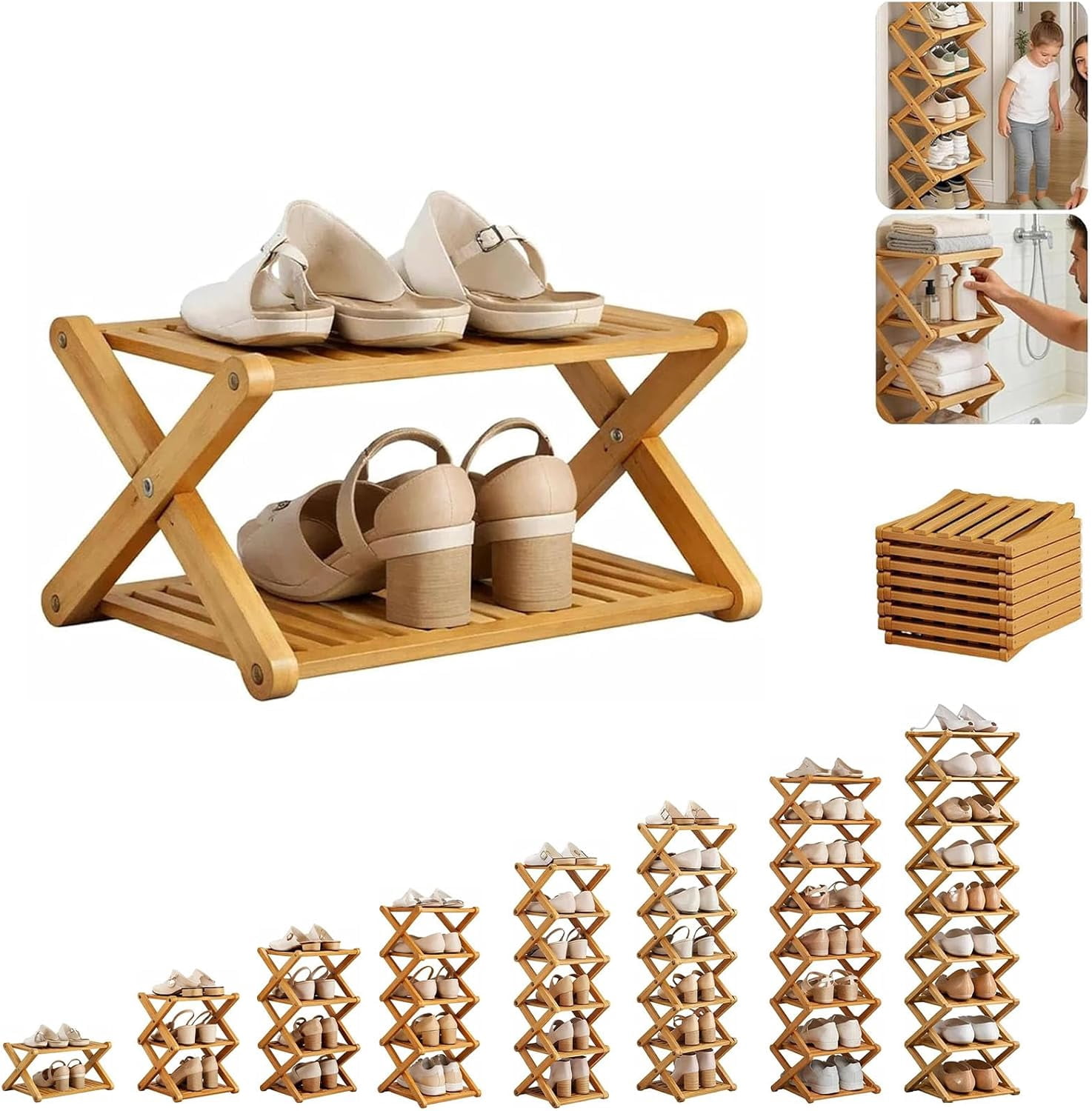 Tier Bamboo Shoe Rack, 2-9 Tiers Natural or Tea Color Foldable Shoe Rack Organizer, No-Tool Assembly Required with Strong Load-Bearing Capacity for Indoor