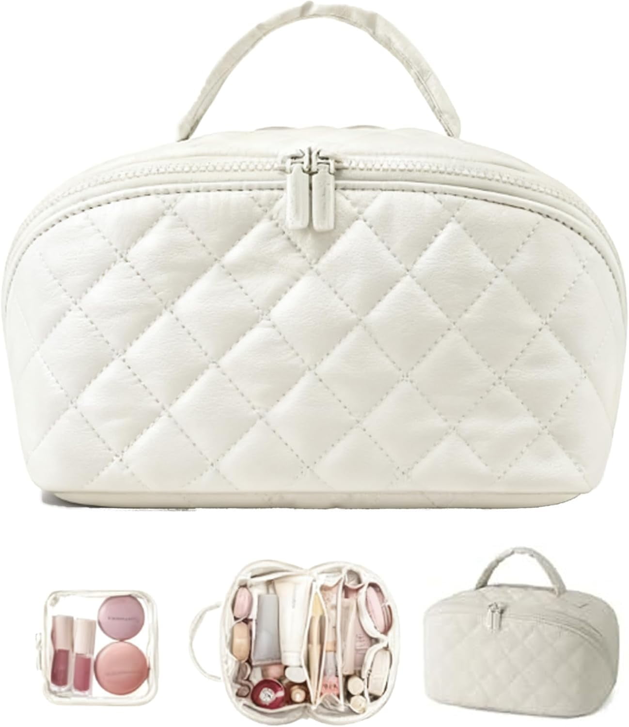 Travel Makeup Bag for Woman, 180° Lay-Flat Cosmetic Organizer with 5 Compartments, Large Capacity Open Flat Puffer Machine-Washable Toiletry Bag for Full-Size Skincare