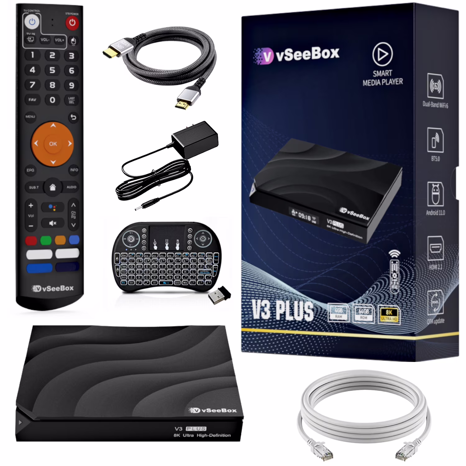Newest Version Smart Vseebox V3 Plus, 4GB RAM, 64GB Storage, 8K clarity,with Voice Remote Control, Mini Keyboard,8K HDMI Cable,ethernet cable,new Live Ultra.