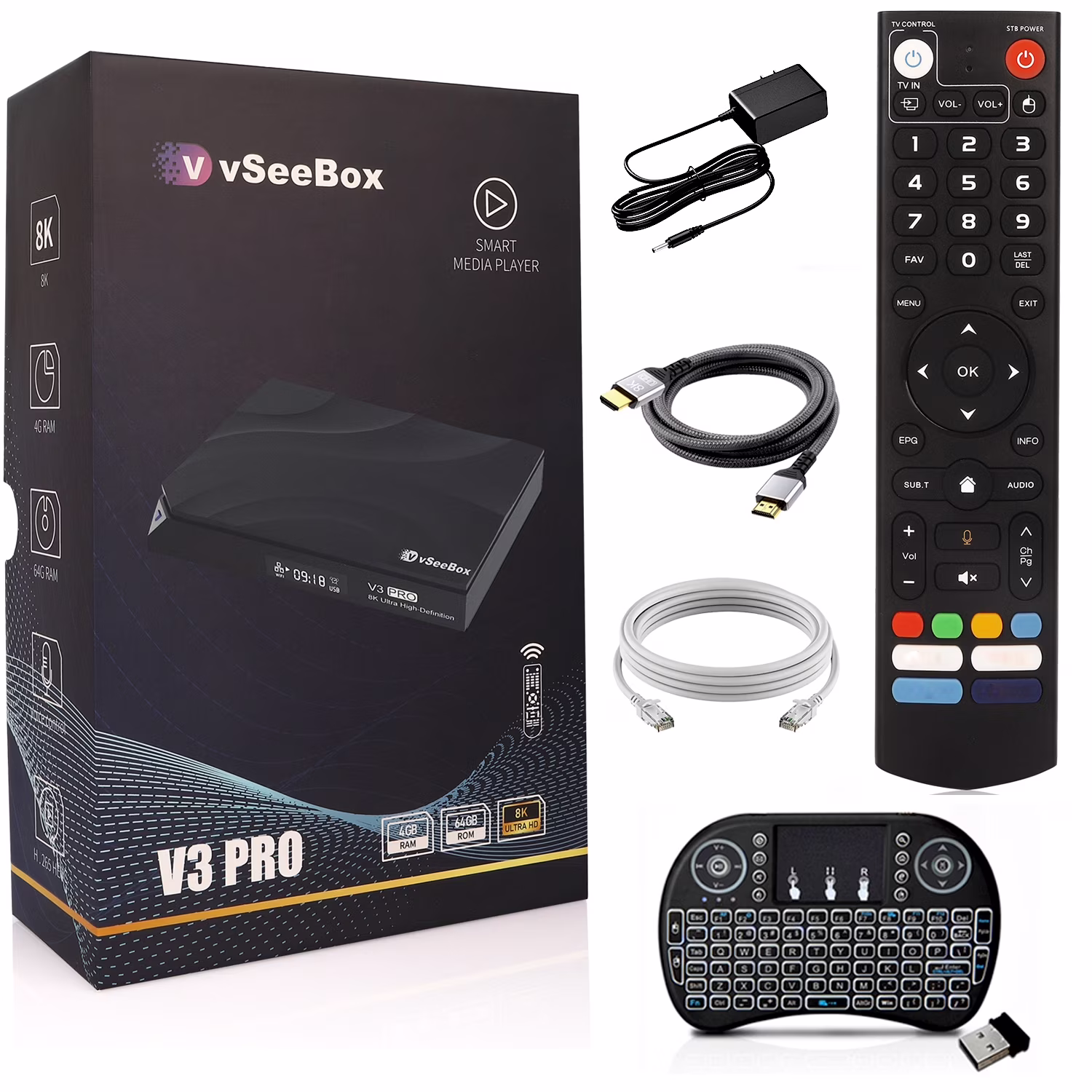 Vseebox V3 Pro Android 11 TV box technology,with Voice Remote Control, RGB Backlit Mini Keyboard,8K HDMI Cable,4GB RAM, 64GB Storage,New Live Ultra, 8K clarity