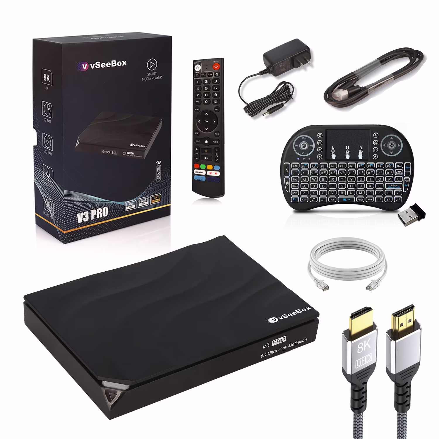 Vseebox newest Version TVBOX V3 Pro, Android 11 technology,with Voice Remote Control, 8K HDMI Cable, Mini Keyboard,Ethernet,4GB RAM, 64GB Storage.