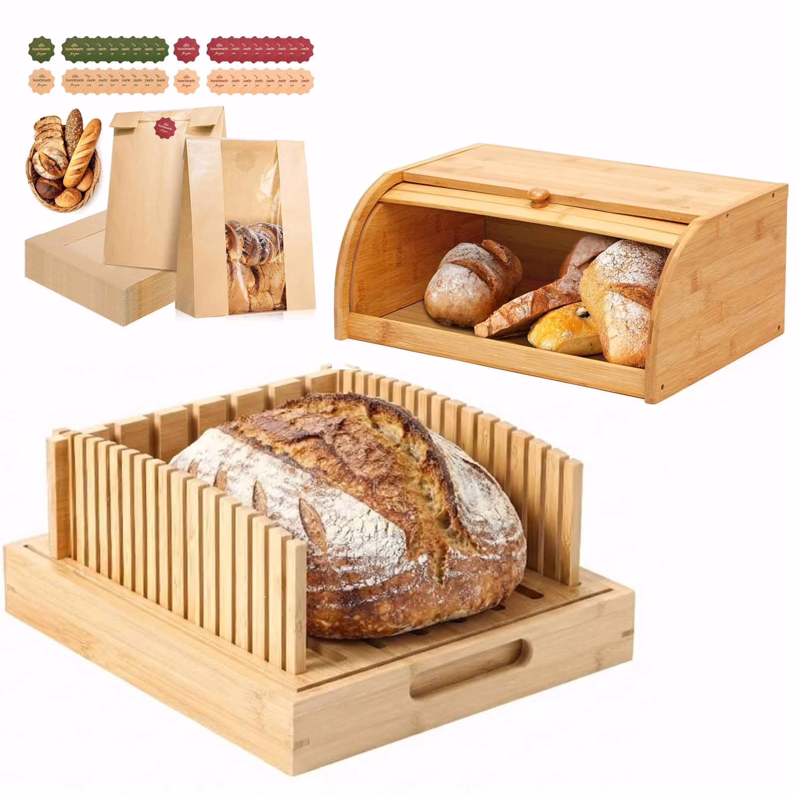 10.5" Bamboo Bread Slicer with Roll Top Storage Box and 50 Sourdough Bags, Natural Wood Slicing Guide Set