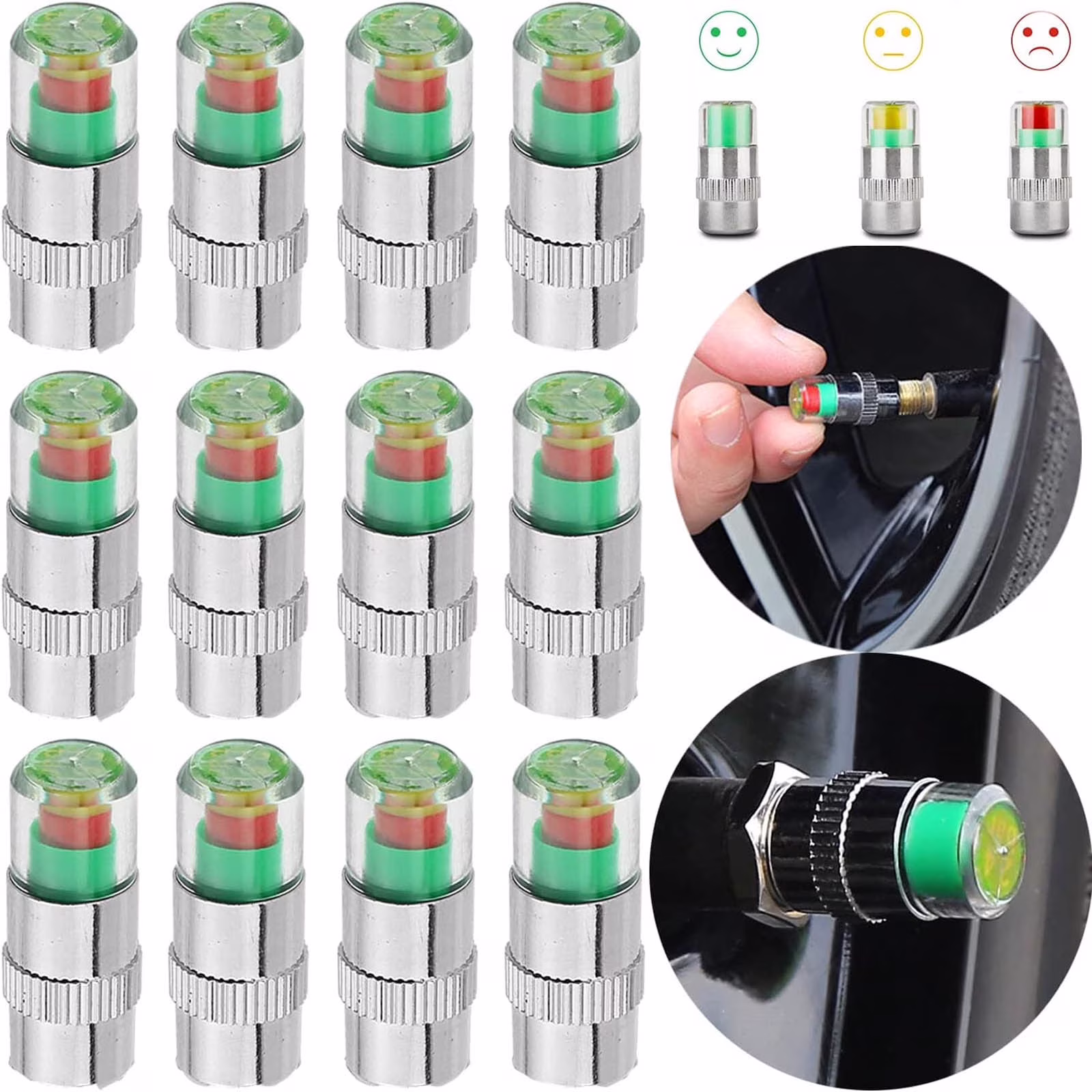 12PCS Car Tire Pressure Monitor Valve Stem Caps, 2.4Bar 36PSI Sensor Indicator Caps with 3-Color Eye Alert for Cars, Motorcycles, and Bicycles
