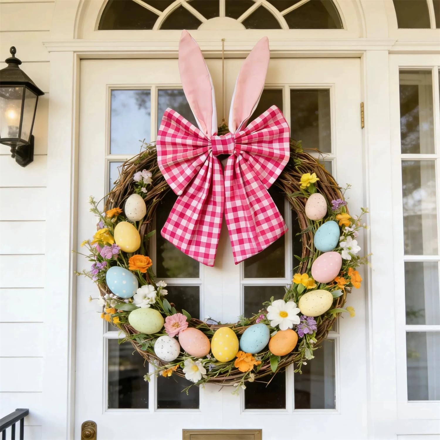 16" Bunny Ears Wreath Bow, Easter Themed Rustic Buffalo Plaid Fabric Bow for Wreaths, Reusable Spring Holiday Decoration for Front Door, Wall, Window