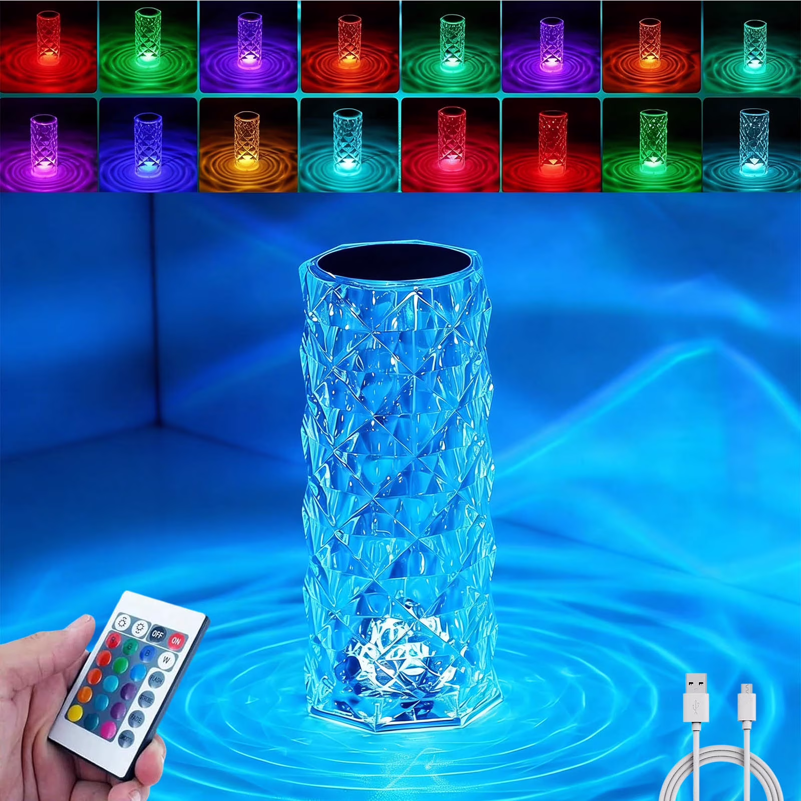 16-Color Crystal Rose Diamond Lamp, Touch and Remote Control Rechargeable Table Lamp with 4 Modes Dimmable for Bedroom Living Room Party Decor