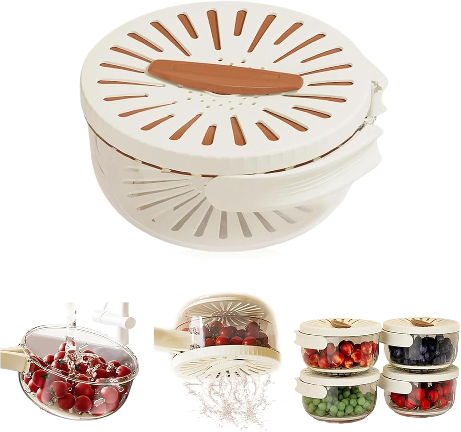 2-in-1 Draining and Preservation Basket, Multifunctional Fruit Washing Bowl with Rotating Lid Mechanism and Strainer, Simplify Washing and Storing