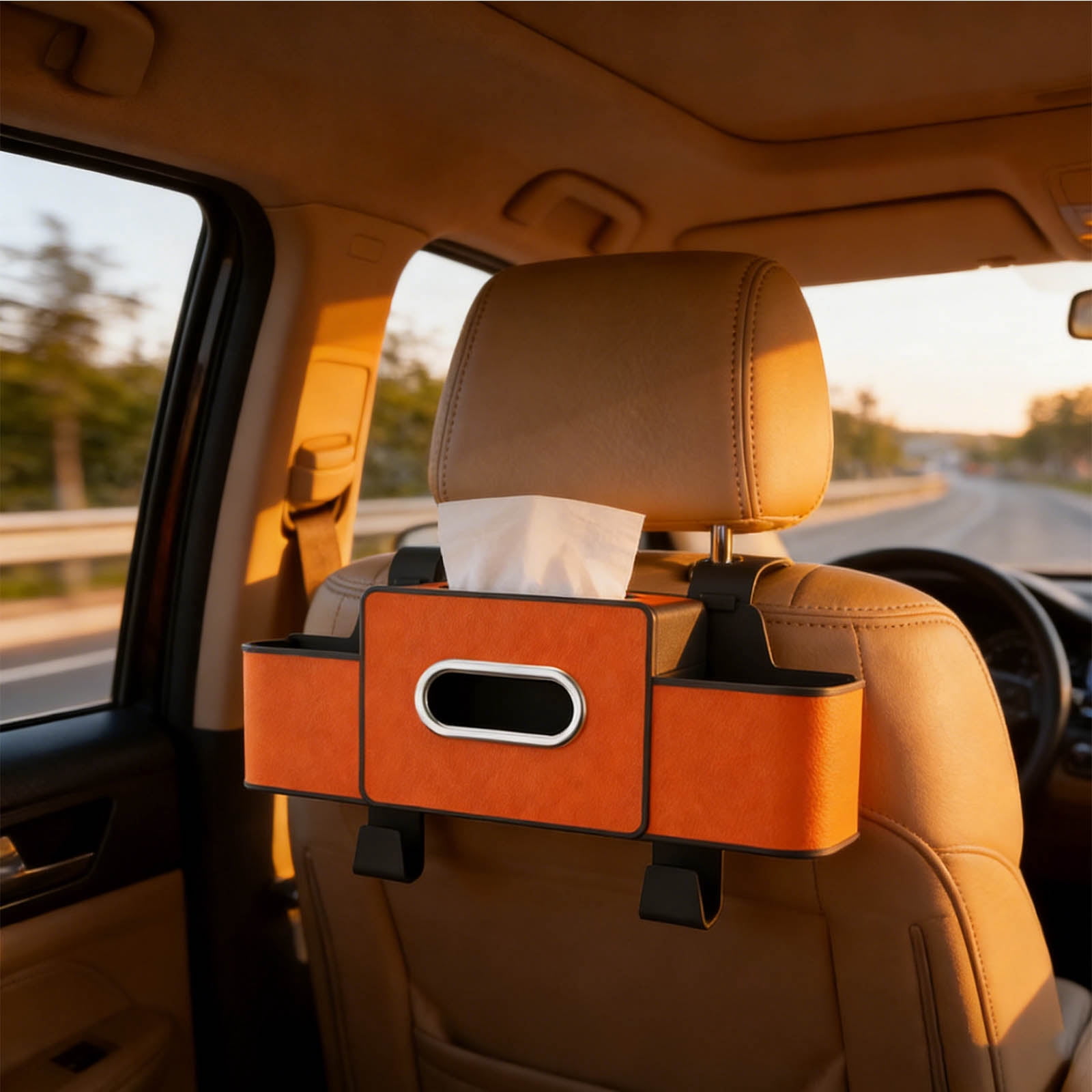 2026 New Car Seat Back Storage Box, 3-in-1 Multifunctional Car Organizer with Cup Holder, Tissue Box, Trash Bin & Hooks for Phones, Snacks, Handbags