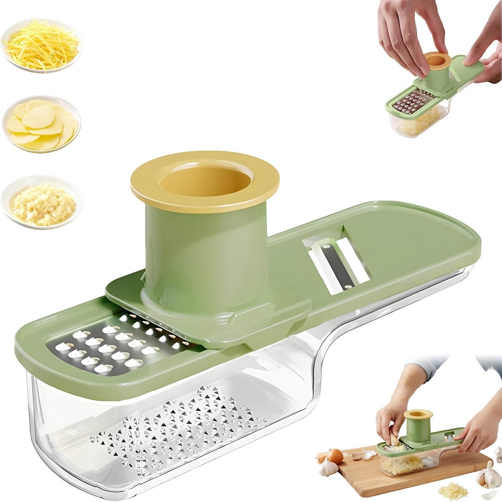 2026 New Garlic Slicer Super Thin, Mini Multi-Functional Mandoline Slicer and Veggie Ginger Grinder with Container for Camping and Home Chef Use
