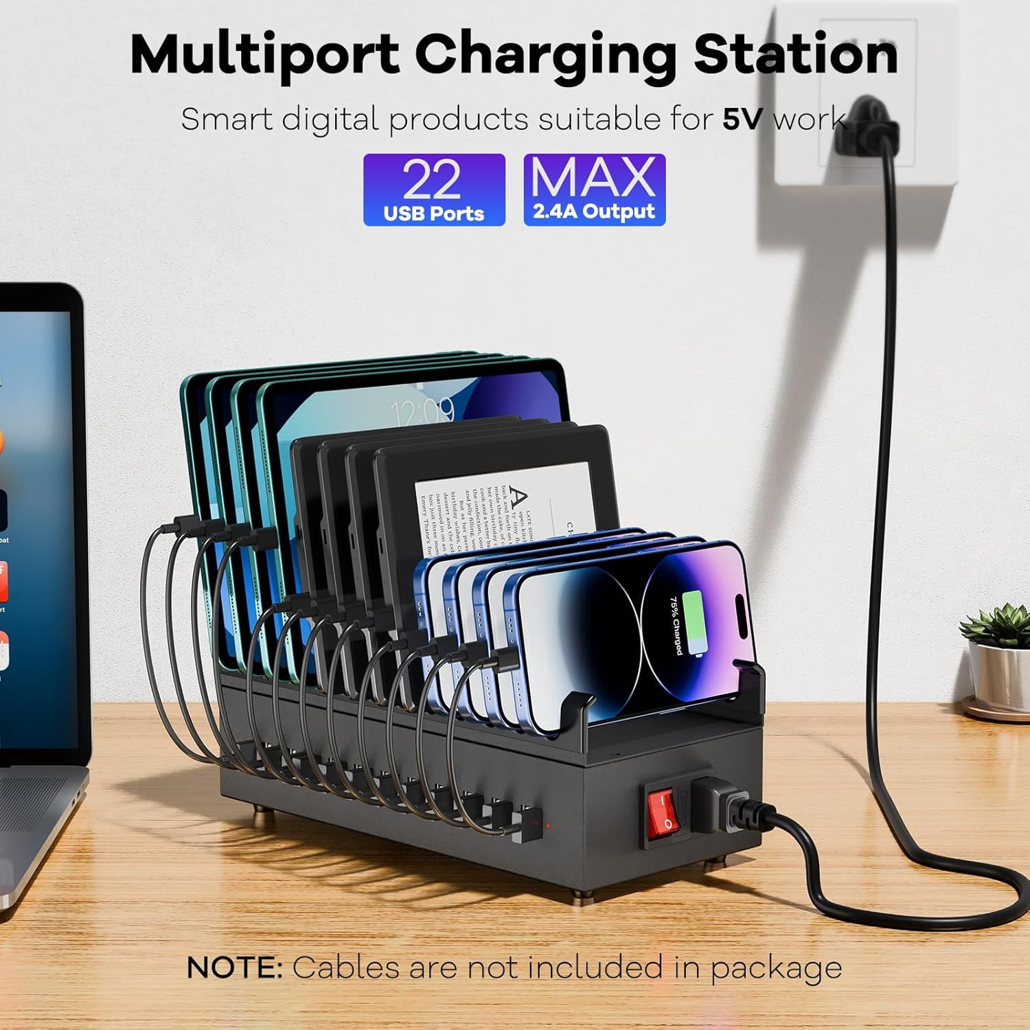 USB Charger Block, 300W 22 Port USB Charging Station for Multiple Devices, Desktop Wall Fast Charger with Storage Dividers, USΒ Power Strip Suitable for Home Office School Hotel