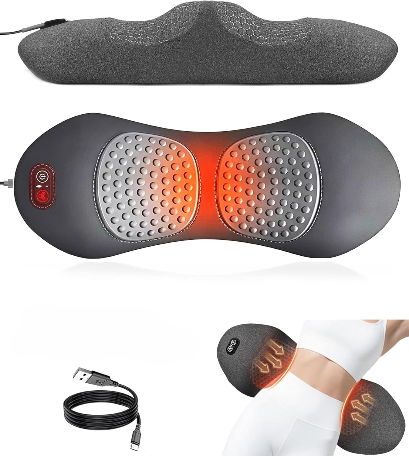 3 in 1 Back Massage Electric Lumbar Support Pillow with Vibration, Heat and Traction, Adjustable Height Back Massager for Deep Tissue Relief on Bed