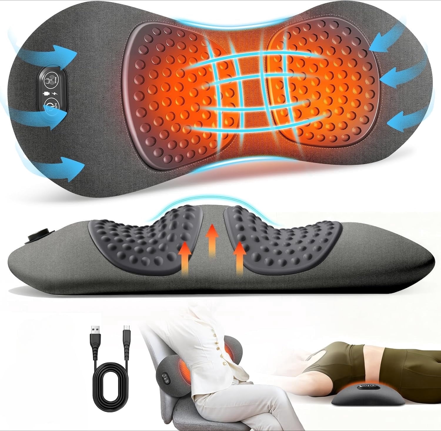 3 in 1 Back Massager, Electric Lumbar Support Pillow with Heating, Vibration & Traction Functions for Back Stretching, Relieves Lower Back Pain