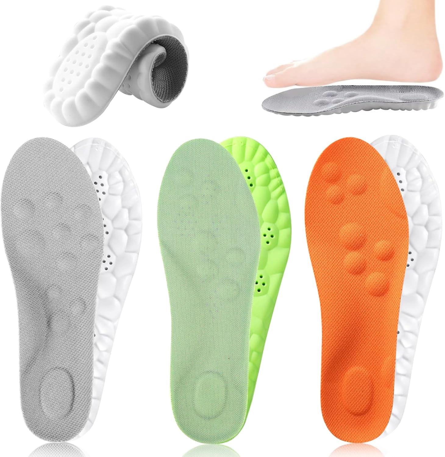 3PCS Insoles for Men Women, Breathable Massage Inserts with 4D Cloud Technology, Memory Foam Cushion & Arch Support, Trim to Fit All Shoes