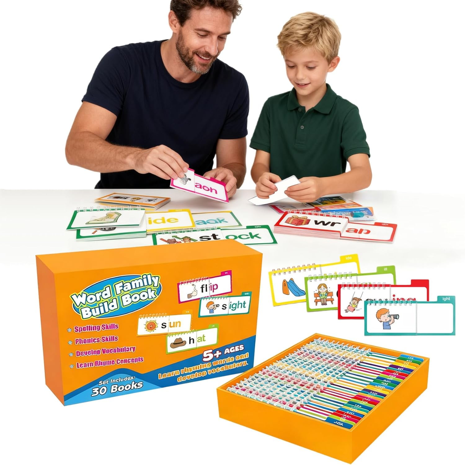 30 Read and Rhyme Flip Books, Word Family Build Book with Phonics & Sight Words Flash Cards, Interactive Reading Games for Kindergarten Classroom