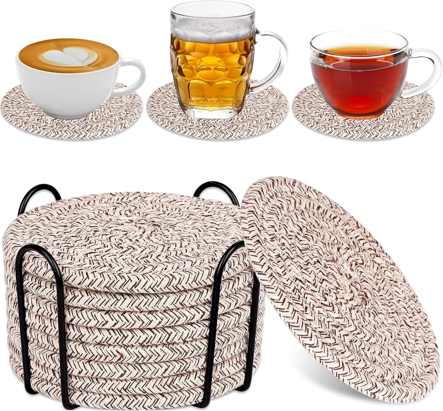 8 Pcs Drink Coasters with Holder, Absorbent Cotton Woven Coaster Set for Drinks, Minimalist Boho Coasters for Coffee Table Home Decor & Tabletop Protection